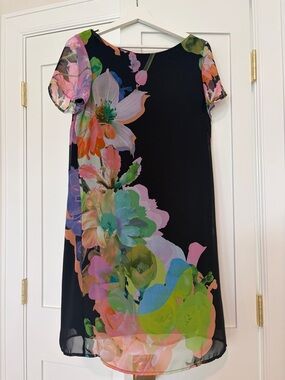 Maia Floral Sheer Overlay Black Shift Dress - Multicolor| size 4